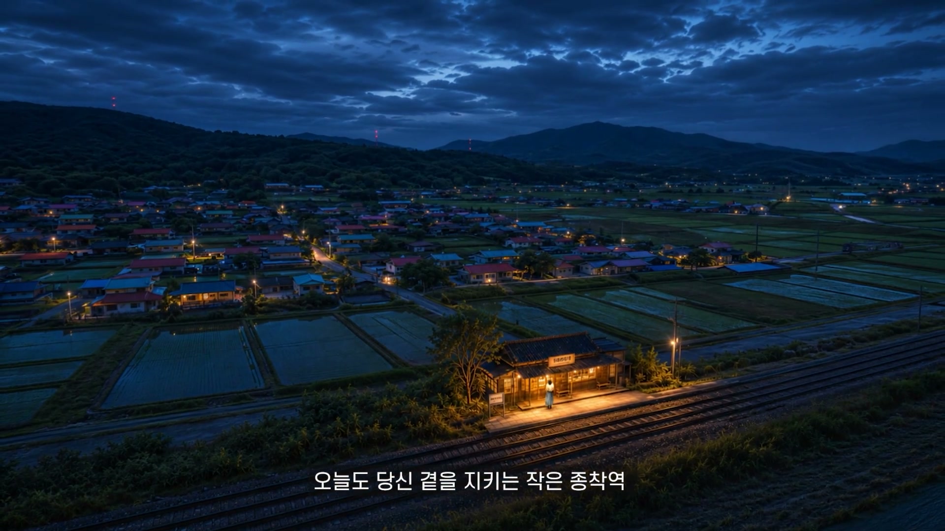 철길 옆 작은 역과 마을의 푸른 저녁 전경